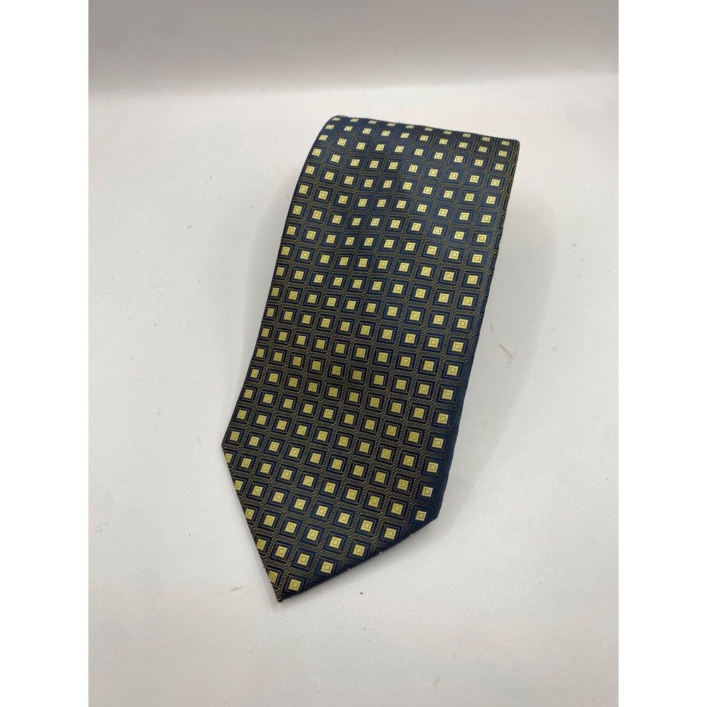 Bergamo New York Mens Geometric Square Pattern Necktie Navy Blue Gold Polyester‎